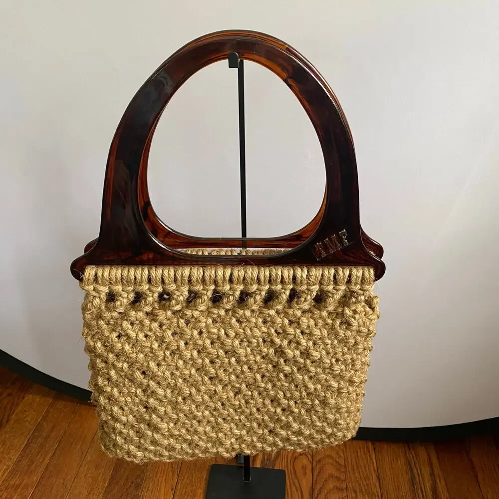 Vintage Macrame Beige Woven Handbag With Bakelite Lucite Handles Handmade Boho